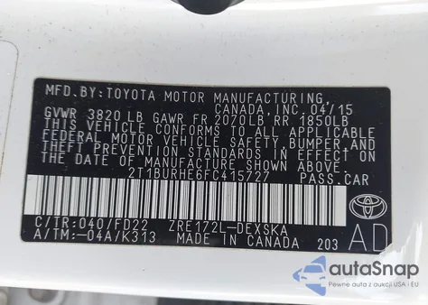 2015 Toyota Corolla S from USA, damaged, VIN 2T1BURHE6FC415727